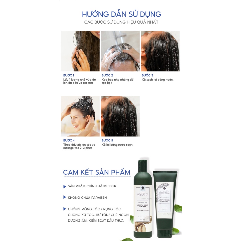 Combo dầu gội, xả gừng trắng WEILAIYA GINGER chống rụng kích mọc tóc 400ml + 250ml tặng set mini 20ml