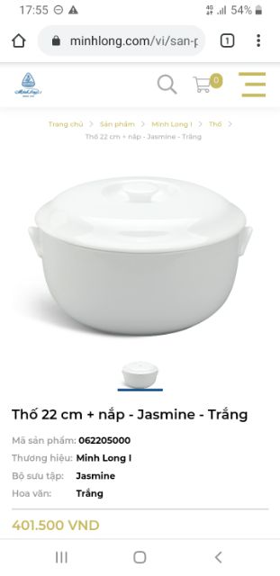 Thố+ nắp sứ trắng Minh long size 22cm