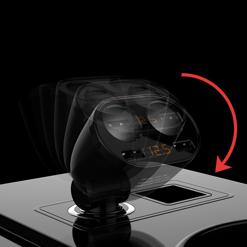 Bộ chia 2 tẩu, 2 USB hiện điện áp ắc quy cổ xoay cho ô tô