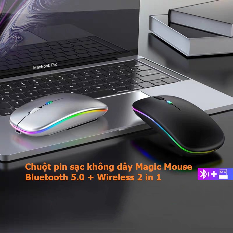 Chuột không dây bluetooth + wireless pin sạc led RGB magiz mouse