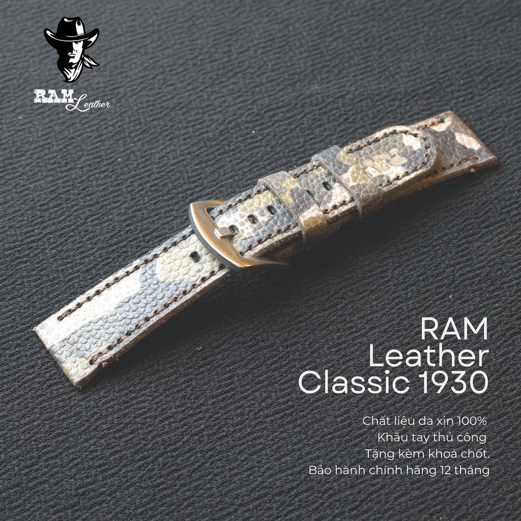 Dây đồng hồ RAM Leather vintage 1930 da bò rằn ri quân đội cao cấp