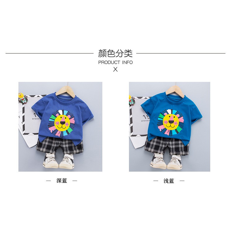 Set Áo Thun Bé Trai Áo Phông Bé Trai Áo Thun Cotton Trẻ Em Hình Sư Tử Quần Caro Cho Bé Trai Size Từ 1 - 4 Tuổi-S1150