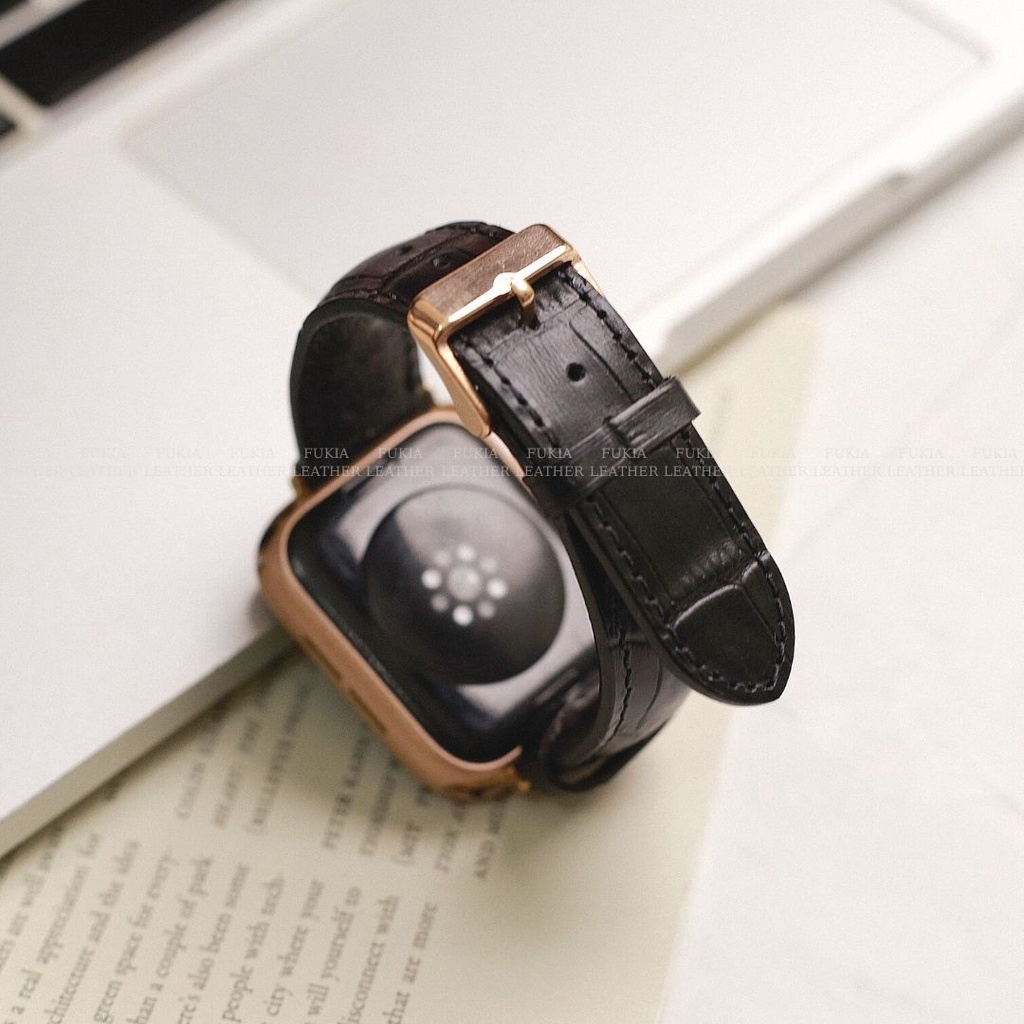 Dây da bò trơn dập vân cá sấu đen dành cho Apple Watch, đồng hồ thông minh, đồng hồ cơ