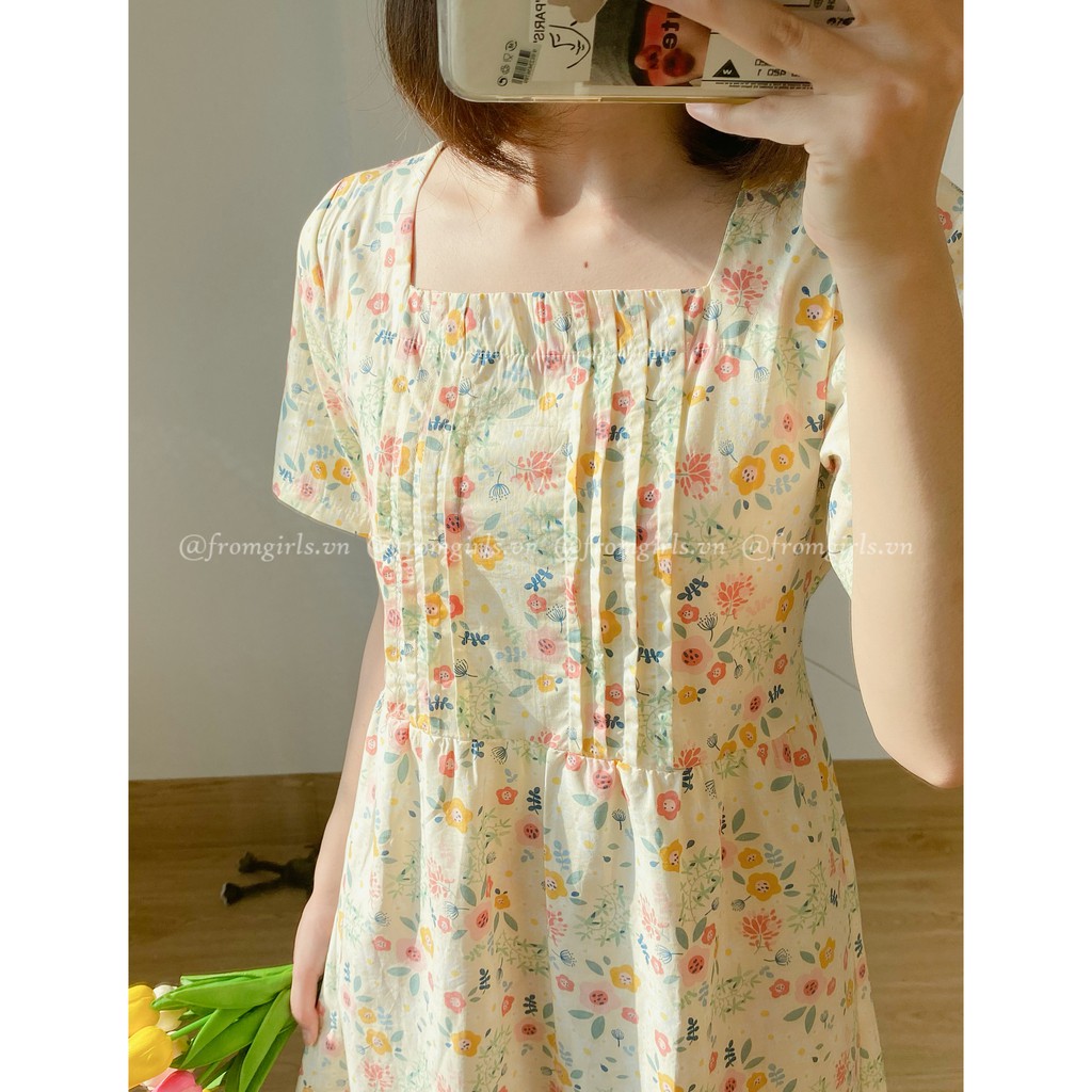 Váy hoa nhí cổ vuông, đầm hoa nhí xếp ly ngực basic có dây buộc sau lưng vintage - V22FG