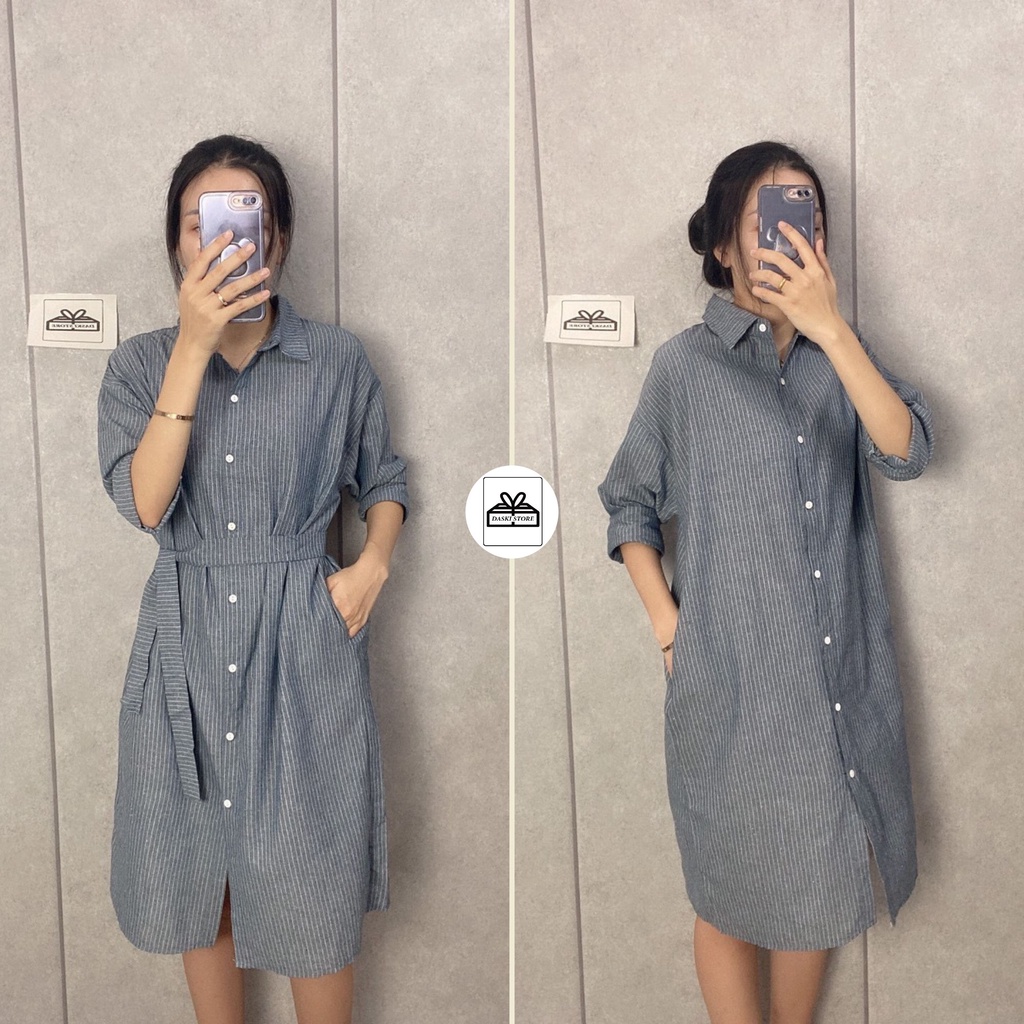 Váy sơ mi kẻ sọc, đầm maxi kẻ cổ bẻ vải thô mềm unisex kèm đai Daski