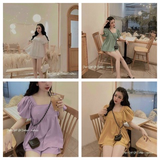 Set bộ nữ 2 món áo babydoll cổ vuông tay phồng & kèm quần short