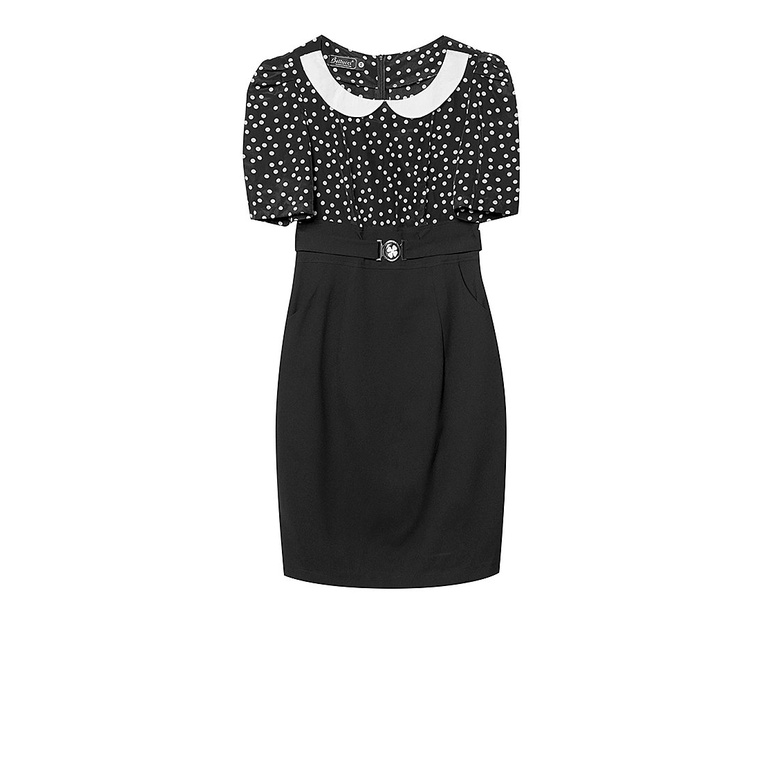 Đầm lụa chấm bi đen pha đen tay lỡ cổ sen móc cài The One Fashion DDY1351CBD