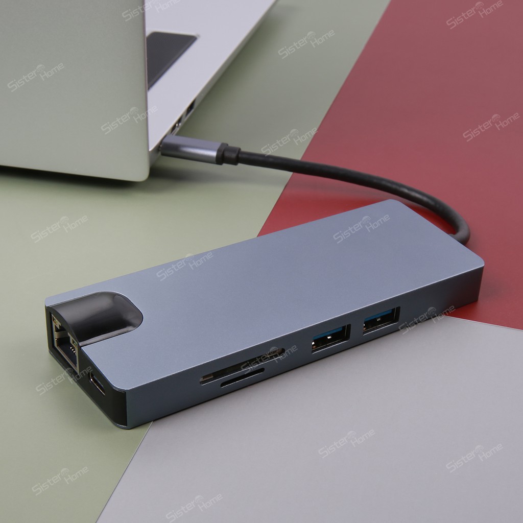 Cáp Chuyển Đổi 8 Trong 1 1000mbps Ethernet Adapter Sd / Tf Usb 3.0 4k Hdmi Vga Type C Sang Rj45 Lan