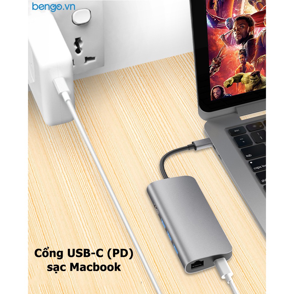 Hub USB-C 8 in 1 HDMI+LAN+USB-A 3.0 x 3+PD+thẻ SD và TF