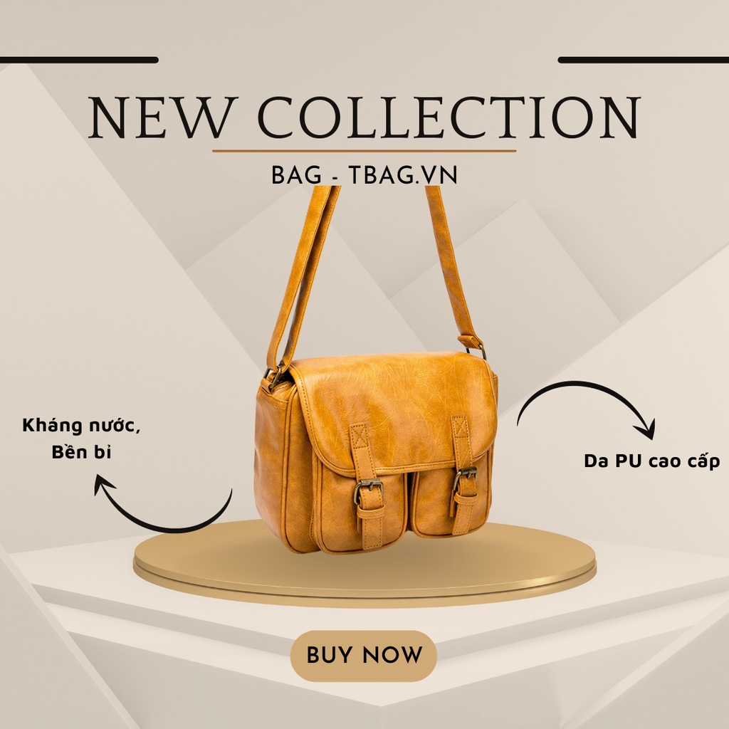 TBAG-Túi Đeo Chéo Da Cao Cấp, Màu Vàng-Đen, Chất Da Cứng Form Y Hình, Lớp lót Polyester, Chống Thấm Nước