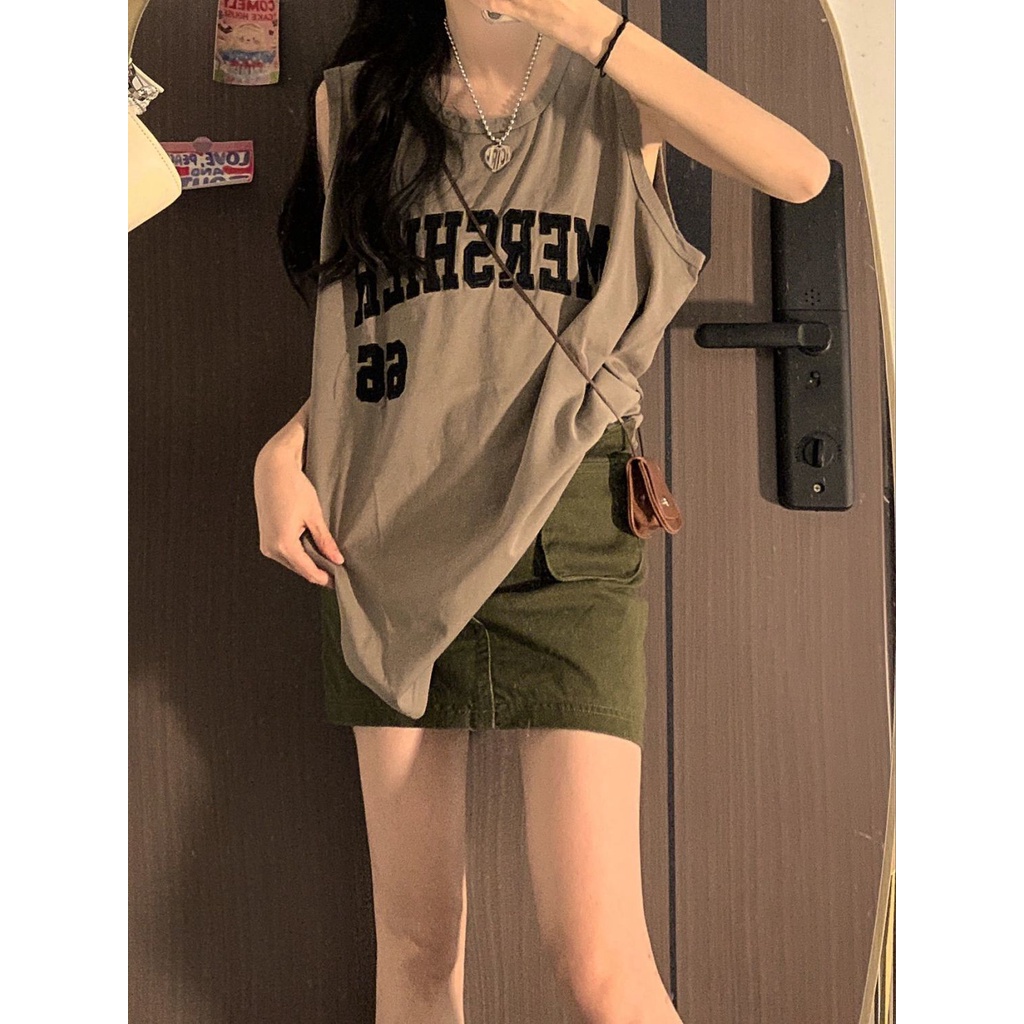 Áo Thun Sát Nách Thể Thao In Chữ Phong Cách Retro Mỹ Cho Nữ