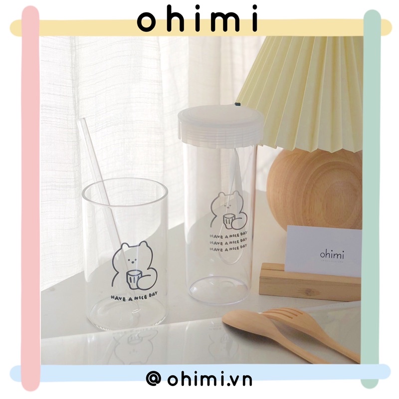 OHIMI Bình nhựa có nắp và Ly thuỷ tinh hình gấu phong cách Hàn Quốc