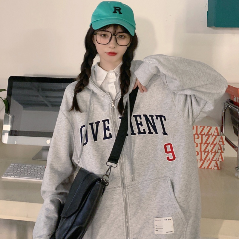Cofen Korean style loose Harajuku style zipper embroidered letter thin hooded jacket