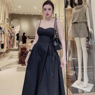 Đầm 2 dây thô xoè túi nhún dáng dài mai phương bùi