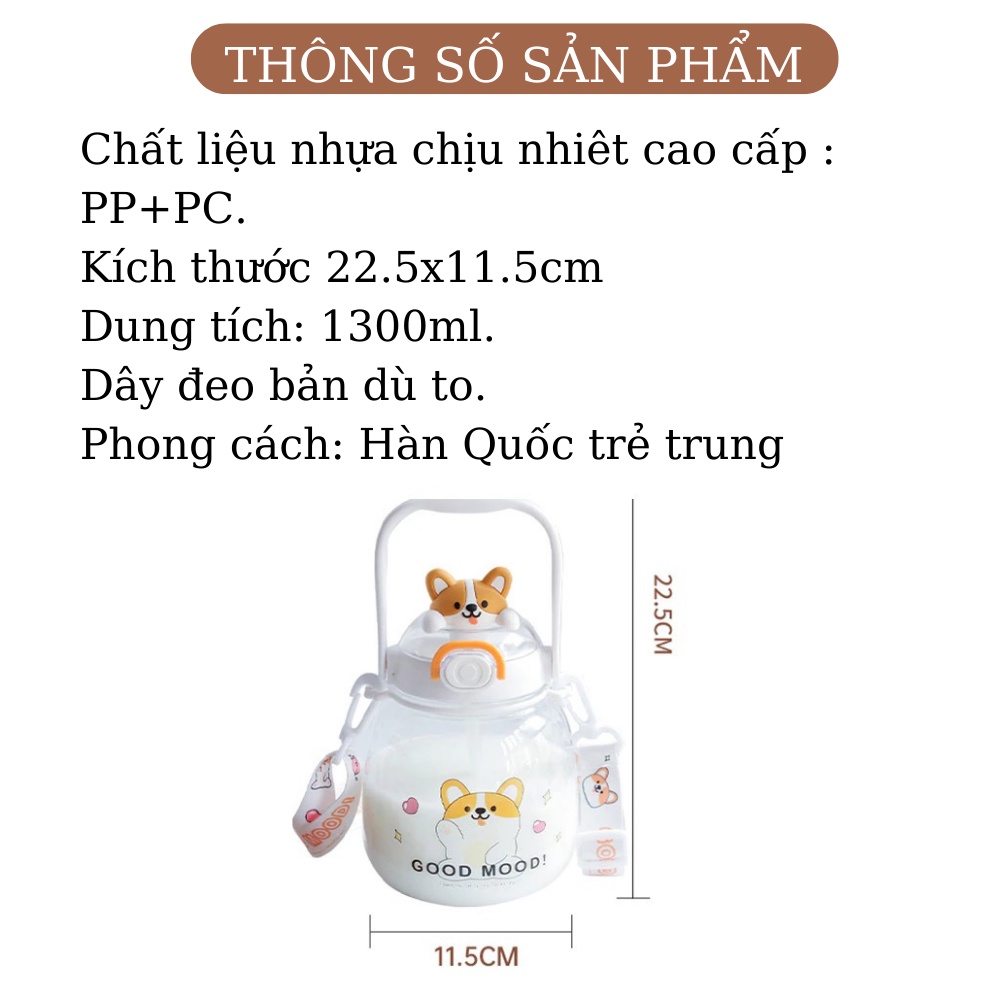 Bình nước cute nhựa 1300ml có tay cầm TiLoKi TBM.02 có dây đeo tặng kèm