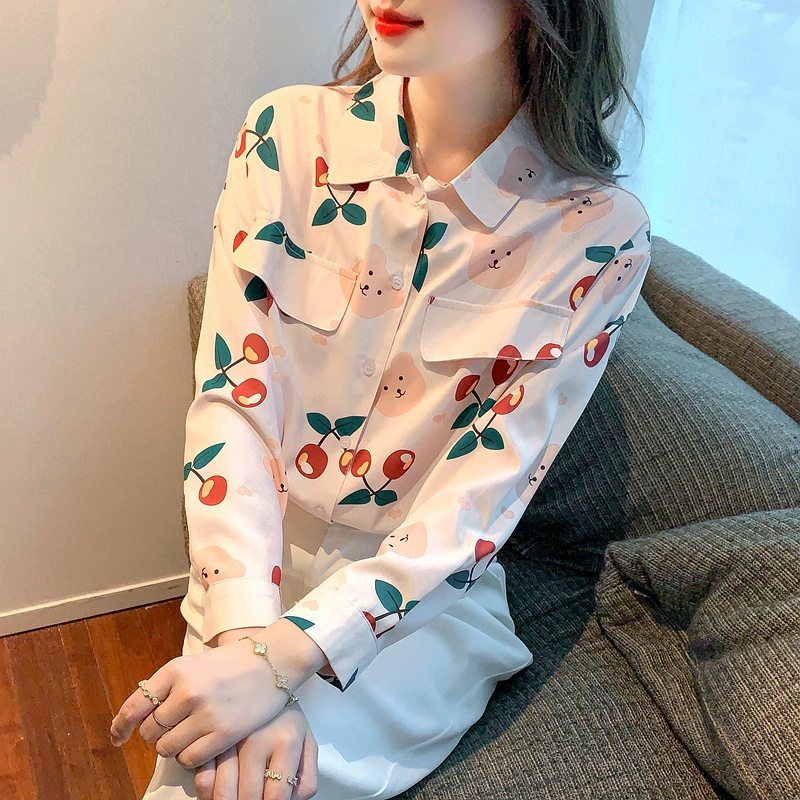 Áo Sơ Mi Tay Dài In Hình Quả Cherry Plus Size Phong Cách Hàn Quốc Cổ Điển Cho Nữ