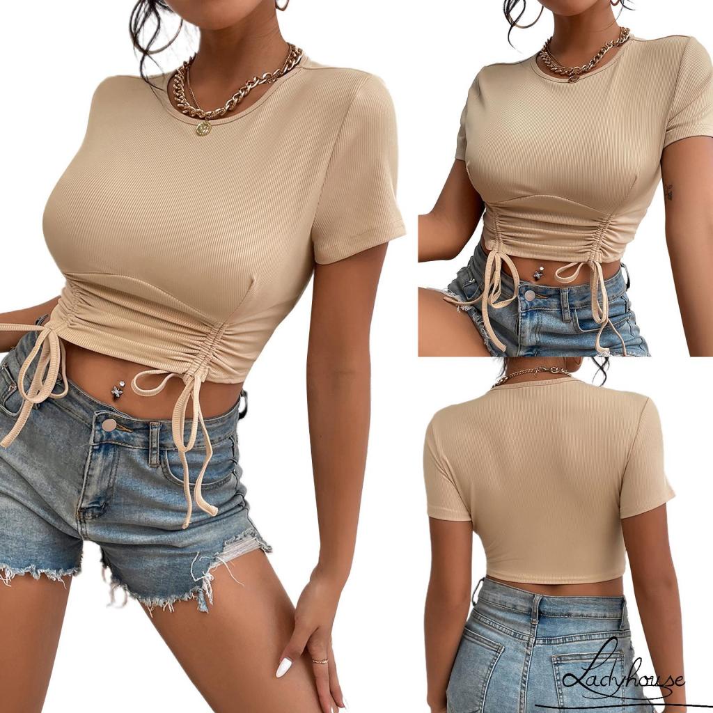 Ld-áo Thun Crop Top Tay Ngắn Cổ Tròn Màu Trơn Có Dây Rút Thời Trang Mùa Hè Dành Cho Nữ Size S/M/L/XL