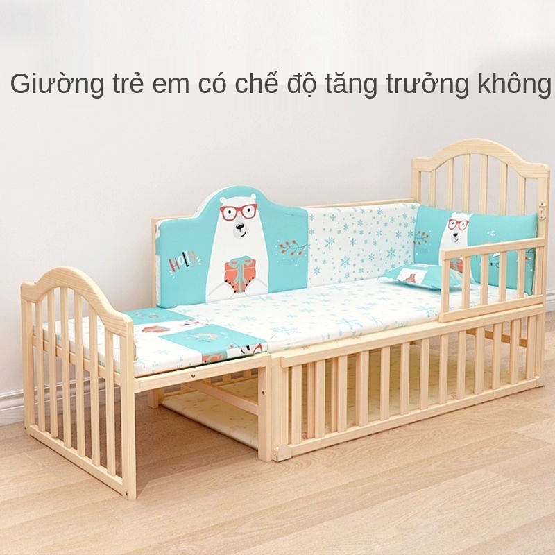 cũi trẻ em ghép giường lớn gỗ nguyên khối không sơn nôi bb đa năng cho bé sơ sinh rời