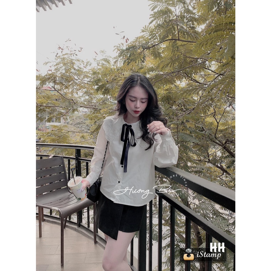 ÁO SƠ MI TRẮNG CỔ BÈO REN NƠ ĐEN