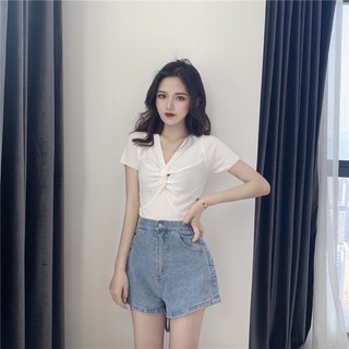MS071 Áo len tăm cộc tay xoắn ngực