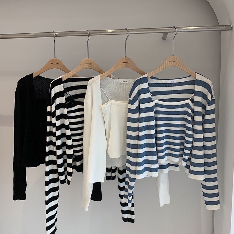 SUXI Set áo cardigan tay dài kẻ sọc và áo hai dây phong cách Hàn Quốc thời trang mùa thu