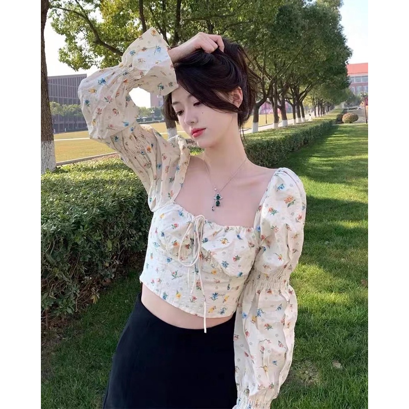 QKOOLE Áo kiểu cổ vuông họa tiết hoa phong cách Hàn Quốc xinh xắn dành cho nữ