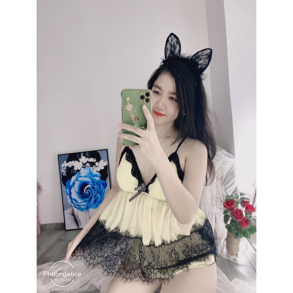 Đồ ngủ nữ hai dây, bộ ngủ sexy có mút ngực chất voan phối ren chéo lưng mặc ngủ- Phuongaliceshop