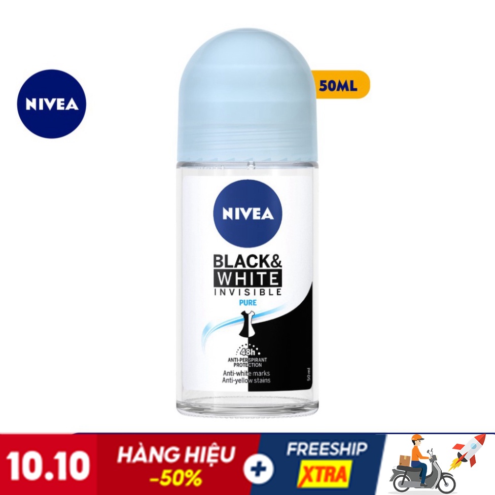 Lăn ngăn mùi NIVEA Black & White 5in1 ngăn vệt ố vàng vượt trội (50ml) - 82234