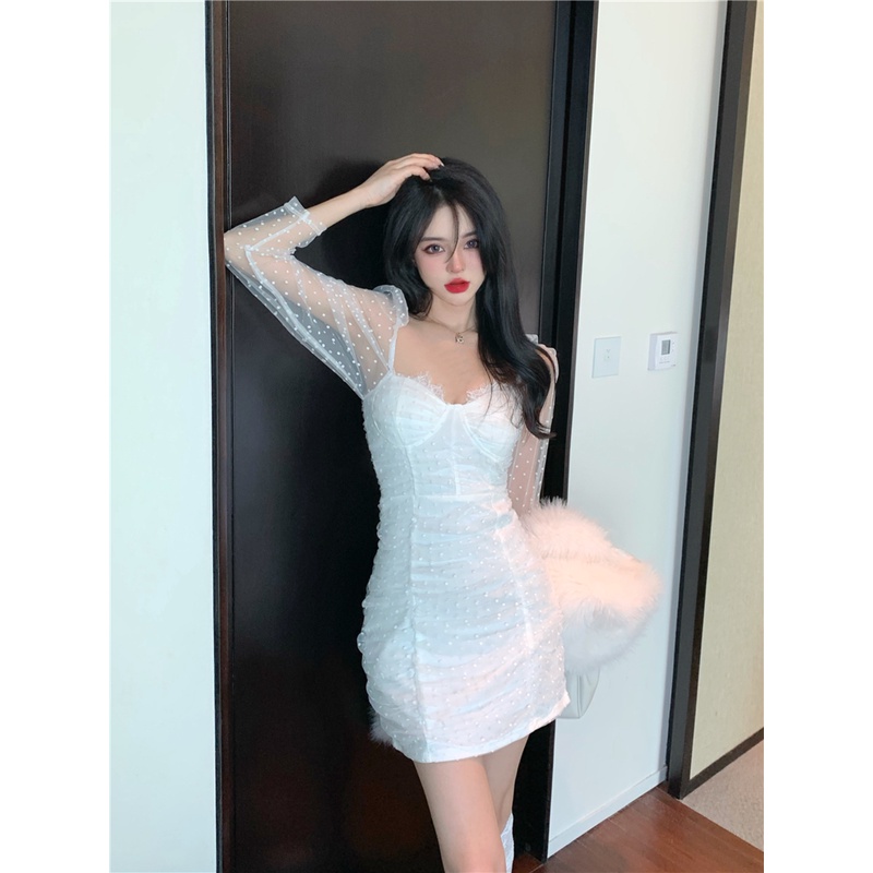 Đầm Tay Phồng Phối Lưới Họa Tiết Chấm Bi Phong Cách Retro Pháp