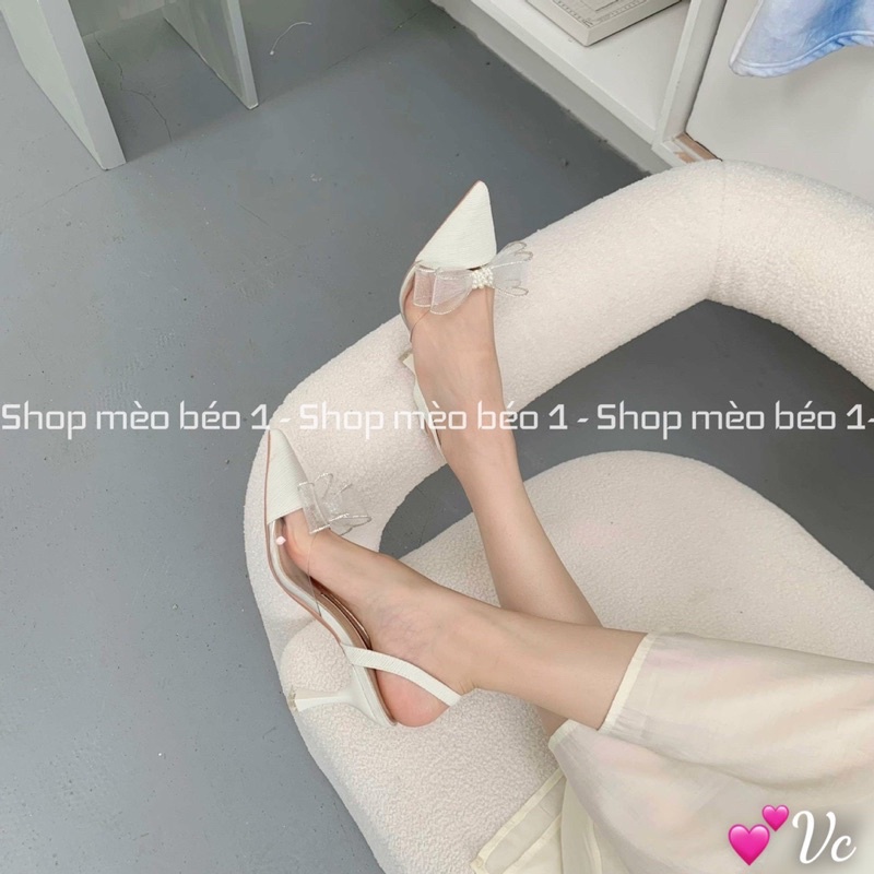 Sandal cao gót mũi nhọn nơ ngọc gót nhọn fullbox hàng quảng châu cao cấp