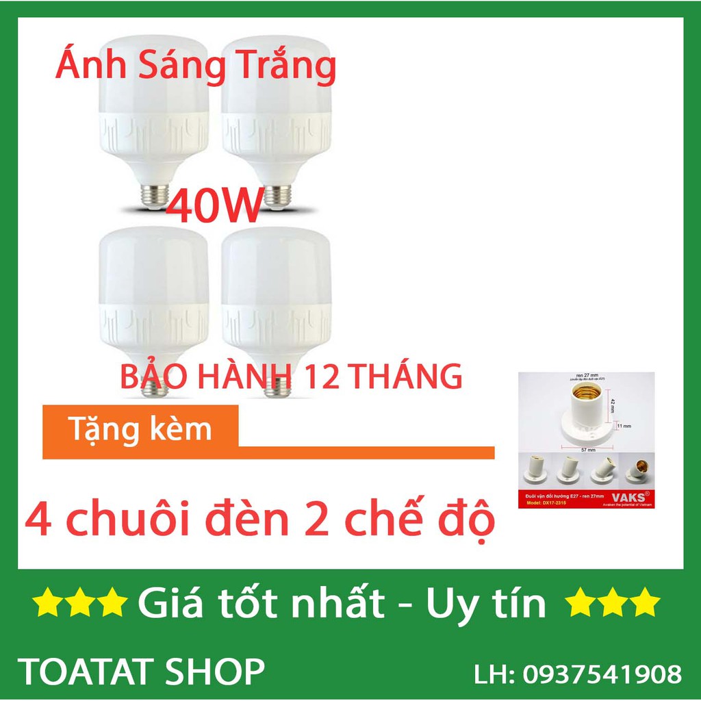 Bộ 4 bóng đèn Led trụ 40W Siêu sáng - tiết kiệm điện (Trắng) - Tặng chuôi đèn 2 chế độ