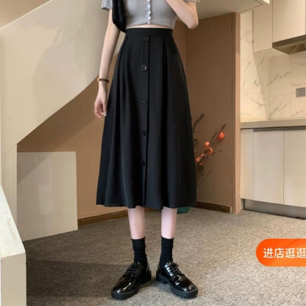 Chân Váy Dài Midi Dáng Xòe Phối 5 Nút Giữa Siêu Đẹp