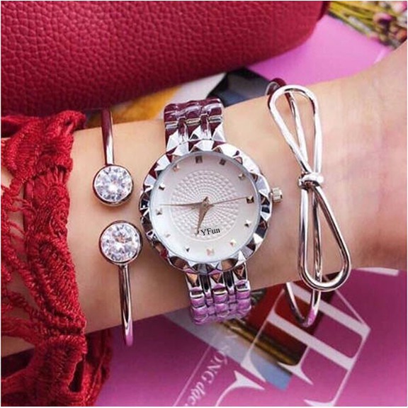 Đồng hồ Nữ YFUN viền lượn sóng, mặt hoa văn đơn giản sang trọng