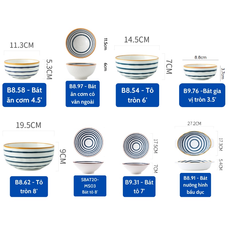 Bộ bát đĩa đẹp, bát đĩa cao cấp, bát ăn cơm, đĩa sứ trang trí phong cách Nhật Bản, hoạ tiết vòng tròn Alifis