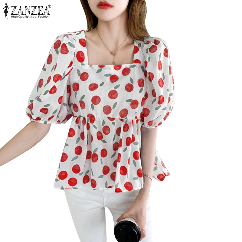 ZANZEA Áo Sơ Mi Tay Ngắn Phồng Cổ Vuông In Họa Tiết Trái Cây Thời Trang Phong Cách Hàn Quốc Cho