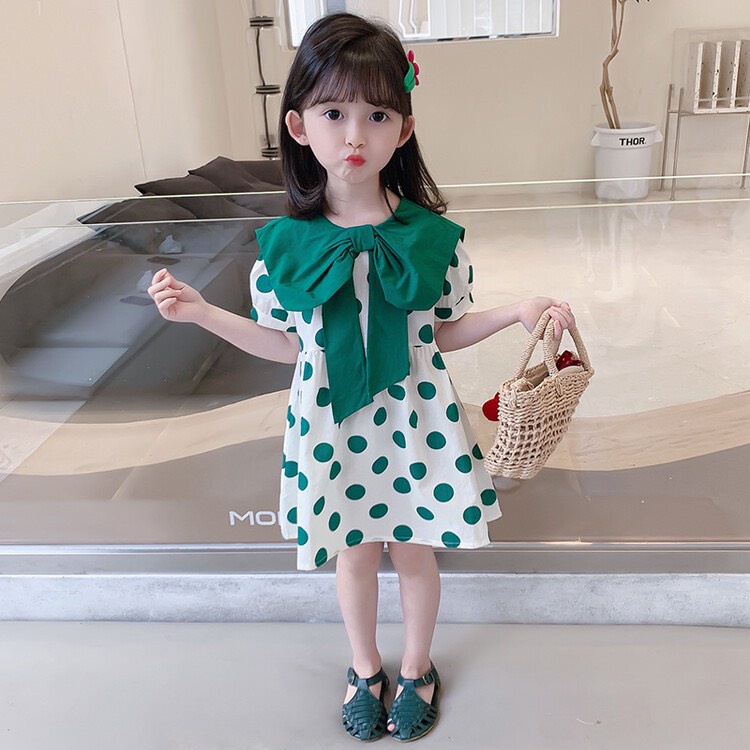 Váy bé gái chấm bi nơ cổ to 2 mầu xanh vàng XHN982