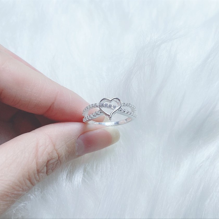 Nhẫn bạc nữ 2 hàng đá đan chéo mặt trái tim, chất liệu bạc ta cao cấp - Trang sức bạc Evasilver