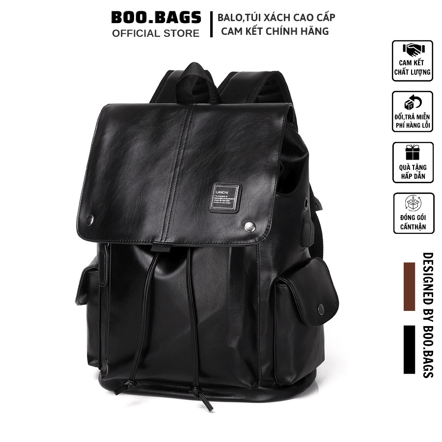 Balo Da Nam - Nữ Đi Học, Balo Size Lớn Nắp Gập Nam Nữ Dây Rút Laptop Boobags Boo005
