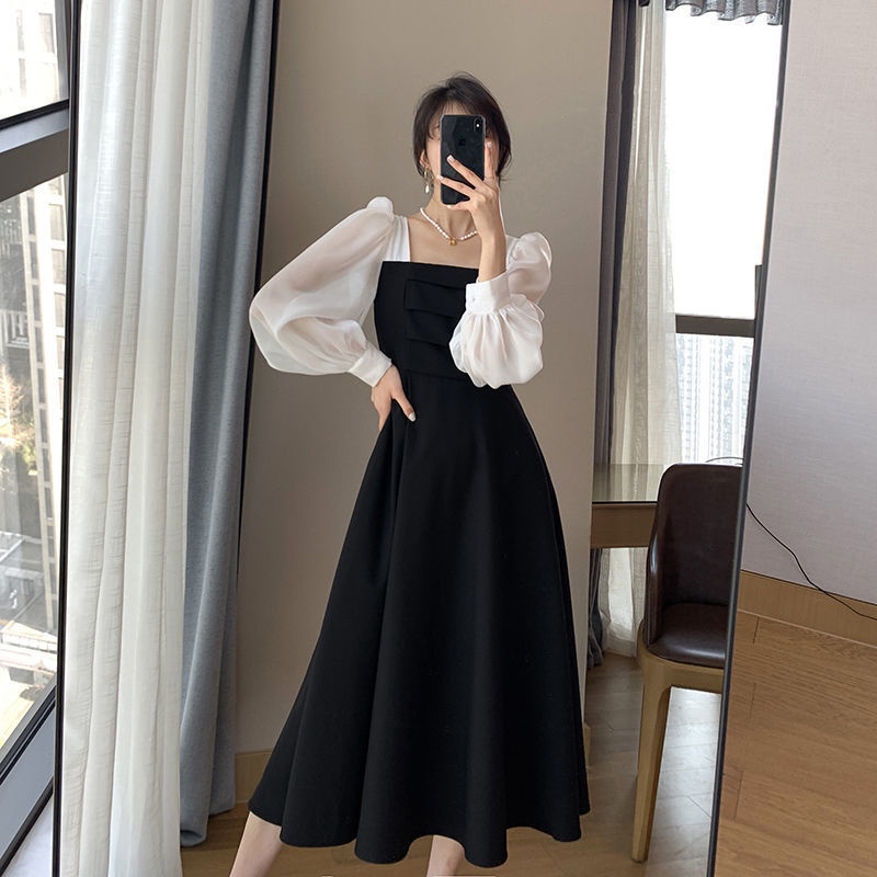 Đầm Đen Dài Tay Cổ Vuông Phối Lưới Phong Cách Retro Pháp Cho Nữ