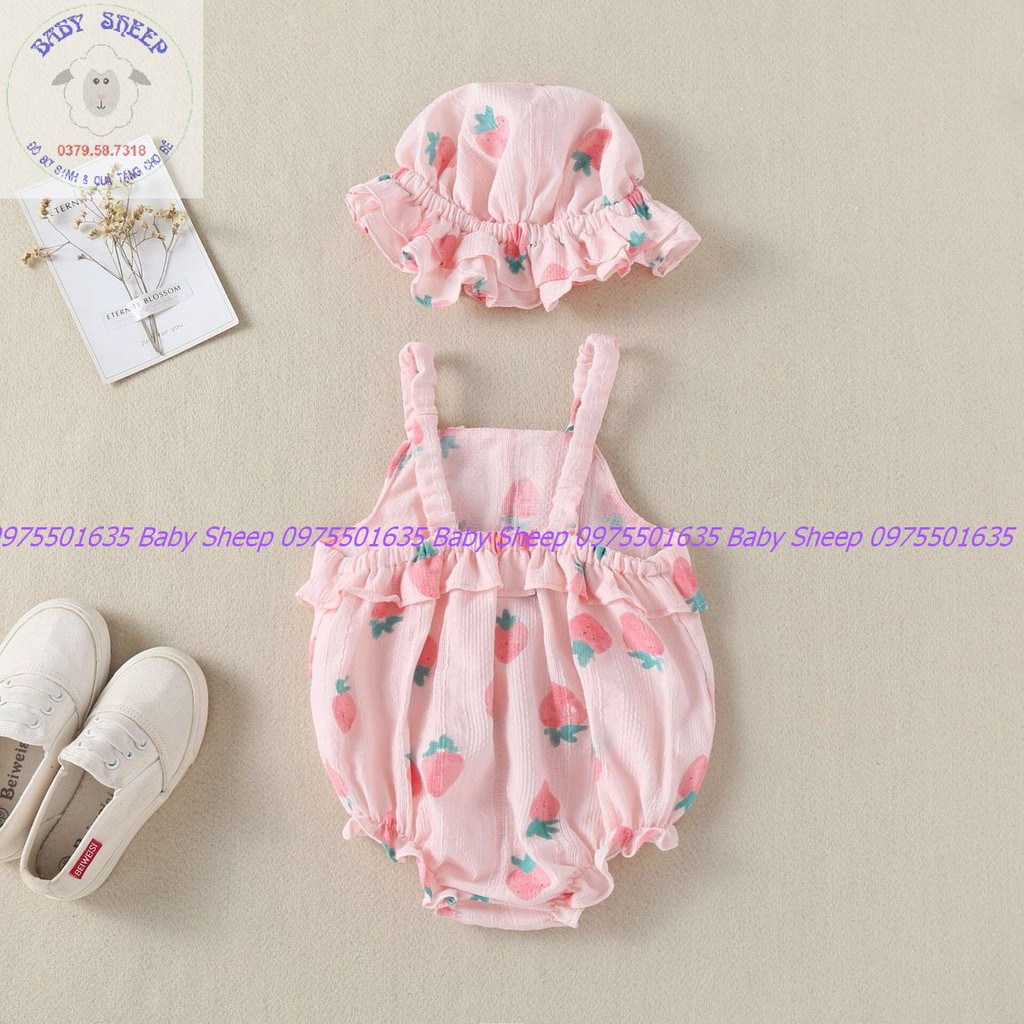 (Tặng kèm mũ) Body hai dây cho bé gái họa tiết dâu tây chất cotton đũi thoáng mát cho bé gái 3-15kg