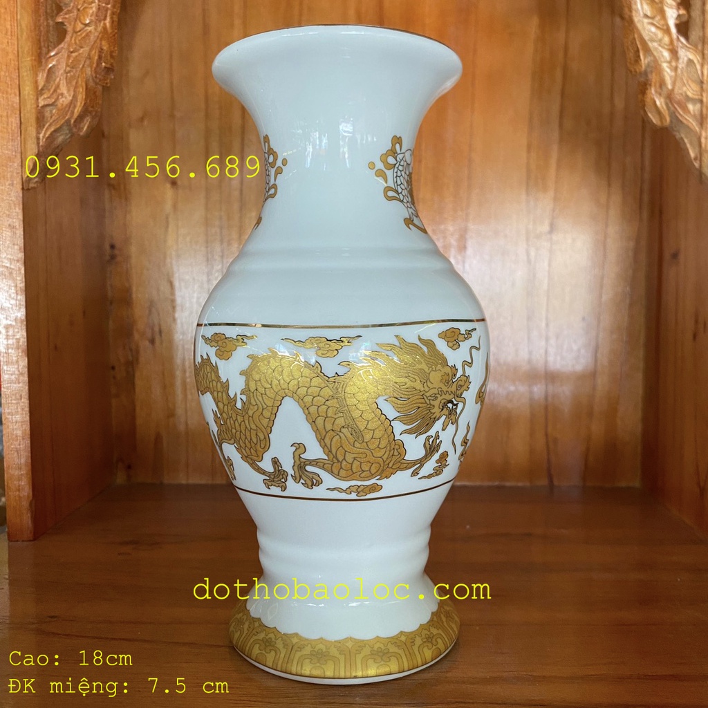Bình bông sứ trắng hình rồng vàng 3D cao cấp cao: 18cm