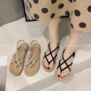 Giày Sandal Nữ Quai Chéo Đế Giả Cói Đi Học Đi Mưa