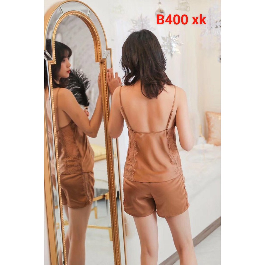 Bộ Đồ Ngủ Đùi Lụa 2 Dây Viền Ren Đính Nơ BN400 Nữ Tính Sang Trọng Chất Lượng Đẹp