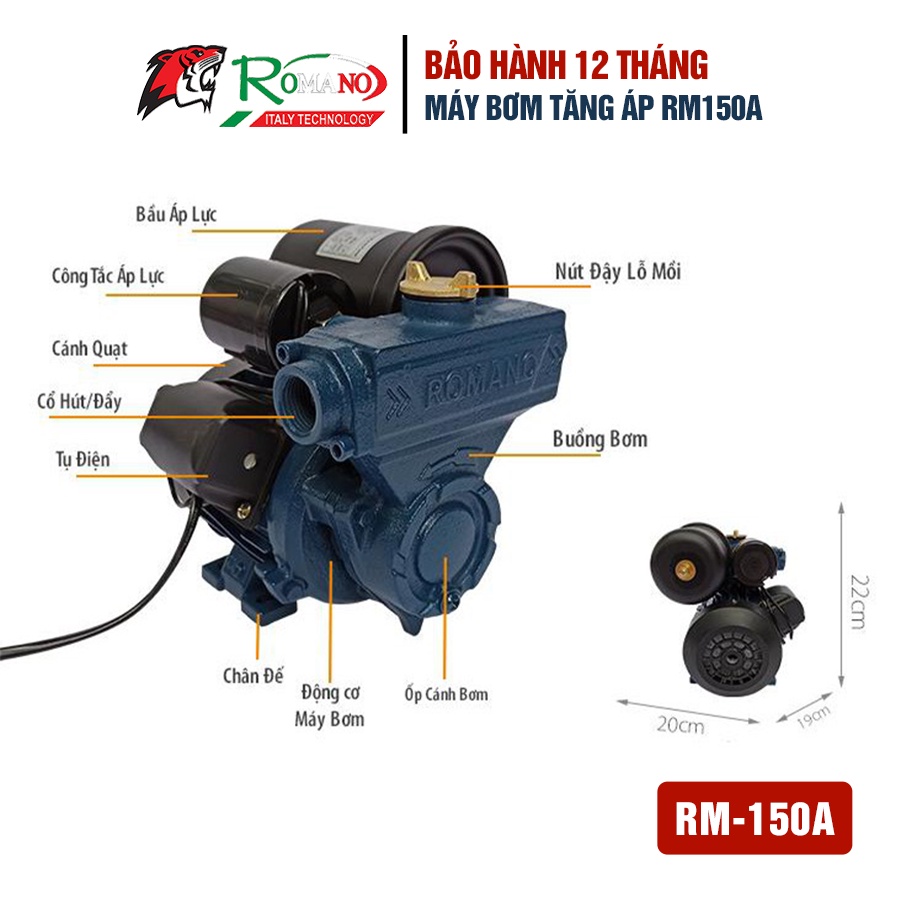 Máy Bơm Tăng Áp ROMANO RM150A, Tự động tăng áp, Tăng cùng lúc nhiều thiết bị, Công nghệ Italy