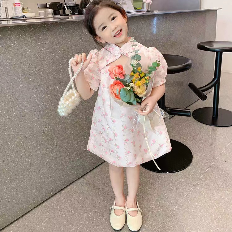 Đầm Sườn Xám Tay Ngắn In Hoa Phong Cách Trung Hoa Mới Dành Cho Bé Gái