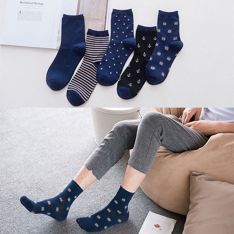 5 Đôi vớ cotton nam cổ cao màu xanh navy màu trơn kẻ sọc thời trang mùa xuân