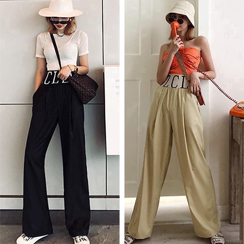 Quần ống rộng lưng thun cao màu trơn chất liệu co giãn thoải mái