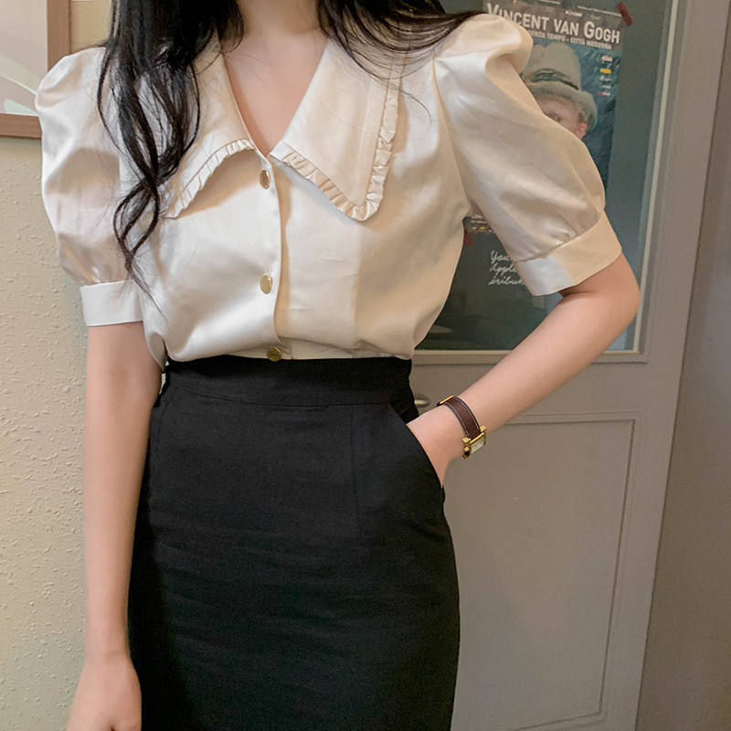 Ruffle collar puff sleeves shirt blouse woman top 34077