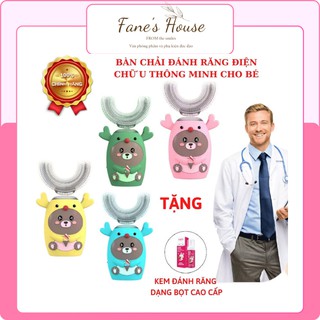 Bàn chải đánh răng điện cho bé chữ U silicon máy chính hãng Sonic 3 chế độ rung vệ sinh răng miệng 2 tuổi - 12 tuổi Fane