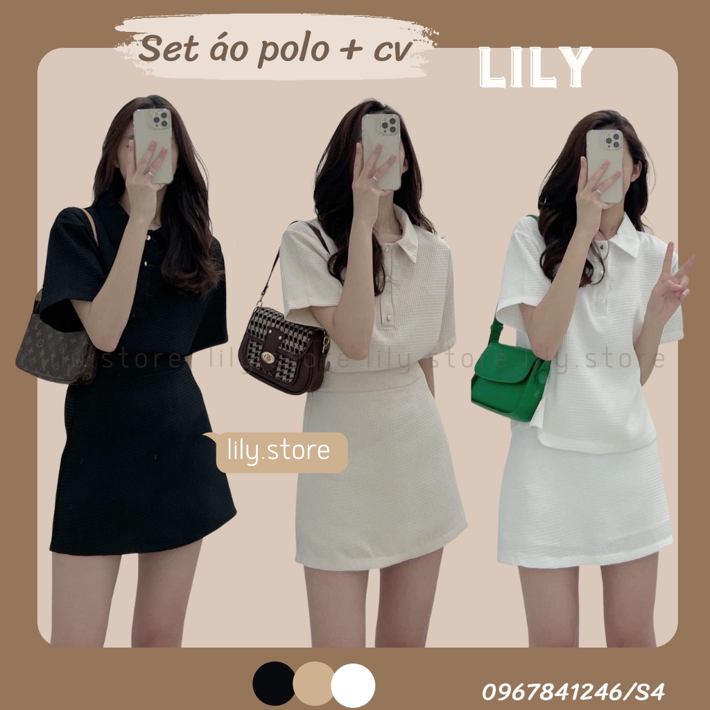 Set đồ nữ 2 món, Set áo polo mix chân váy chữ a trẻ trung năng động 3 màu trắng be đen S4 LILY